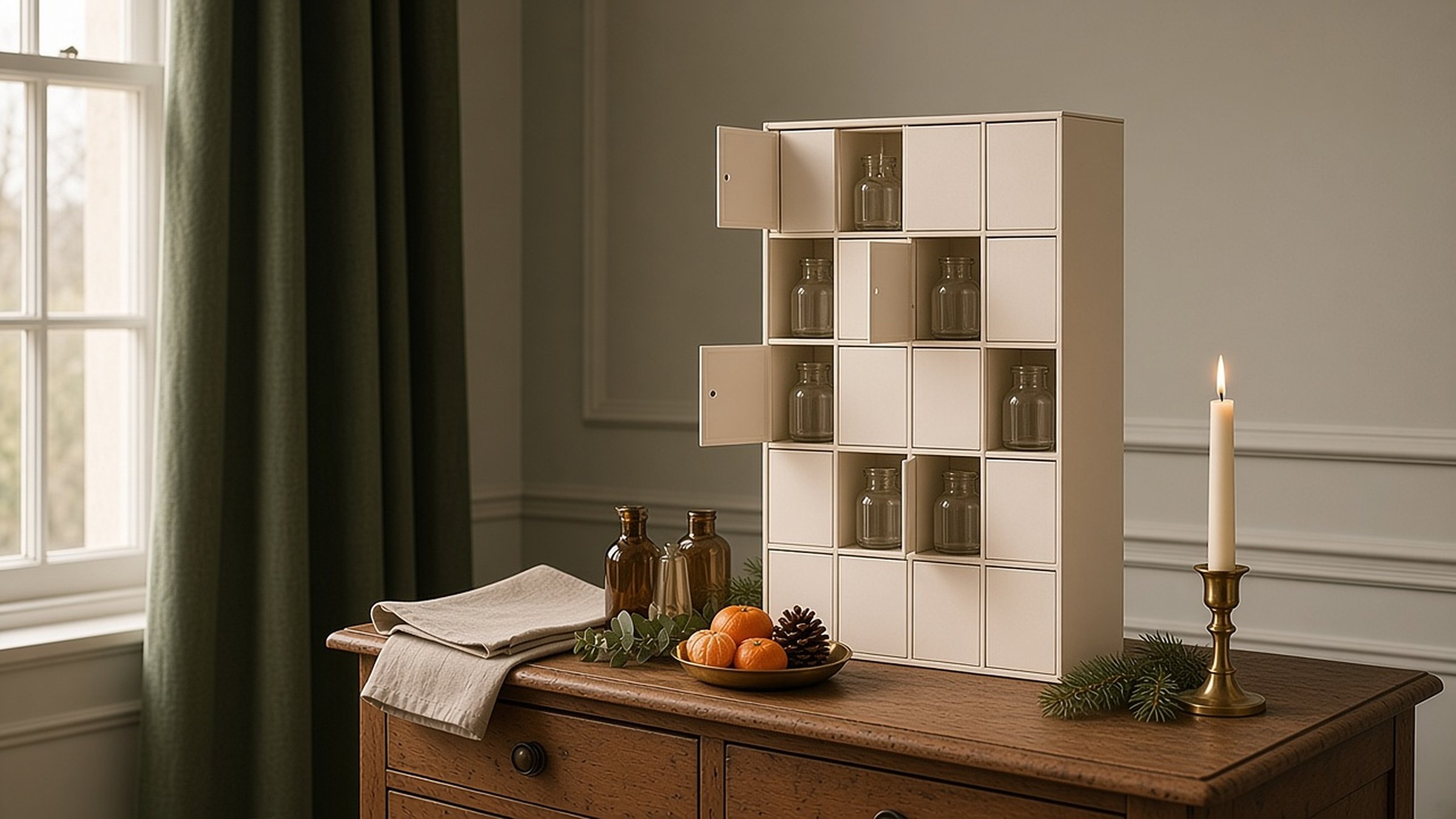 Beauty advent calendar with open doors showing glass jars, on an oak chest with amber bottles, clementines and a lit taper